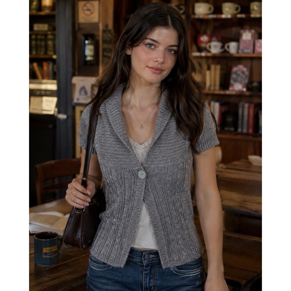 VTG Energie Y2K Cable Knit Cardigan Sweater L 2000s Preppy Academia Rory Gilmore